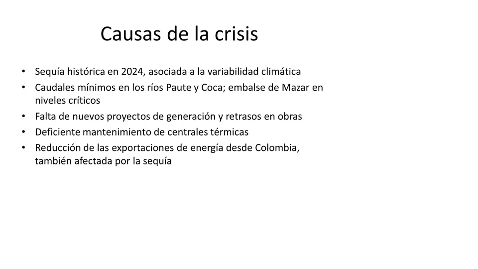 Diapositiva con un pedido de una línea: título Causas de la crisis y cinco viñetas